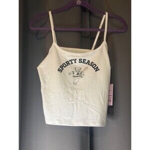 WILD FABLE Junior's Sporty Season White Cropped Tank Top Football Bear Size Med